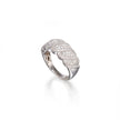 A silver pavé ring with a wavy, layered design, photographed on a clean white background with a soft reflection.