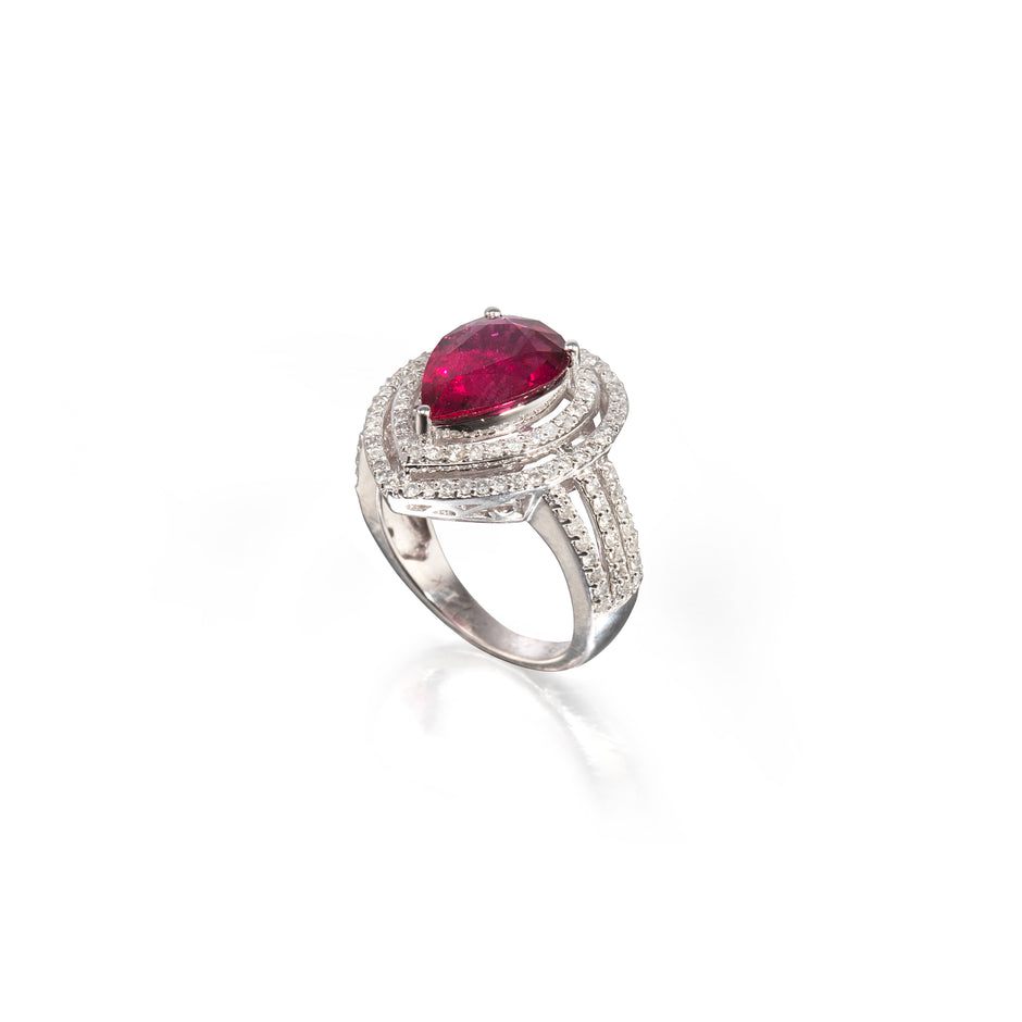 14ct White Gold Rubelite Tourmaline Pear Shaped Double Halo Cocktail Ring on white background