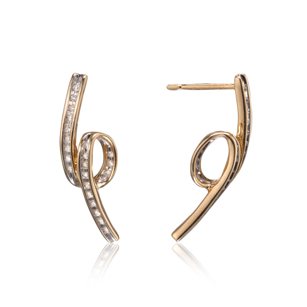 A pair of gold-plated spiral earrings with rows of small clear pavé-set stones, shown on a clean white background with a soft reflection.