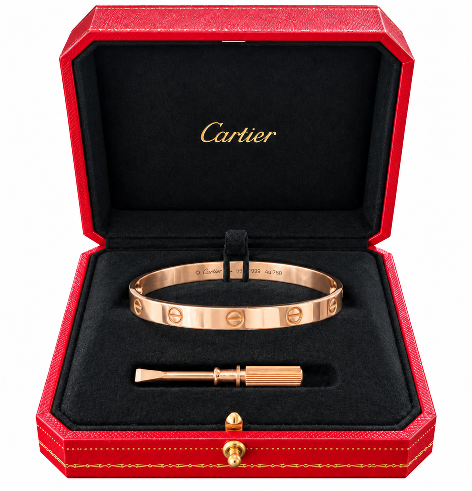 A Cartier Love bracelet in rose gold, displayed inside its signature red textured box with a black velvet interior. The box is open, showing the gold Cartier logo on the lid, and contains the bracelet along with its signature screwdriver tool.