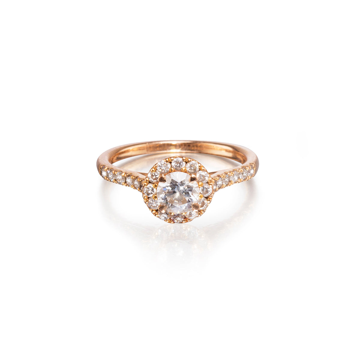 18ct rose gold diamond halo ring, available in South Africa