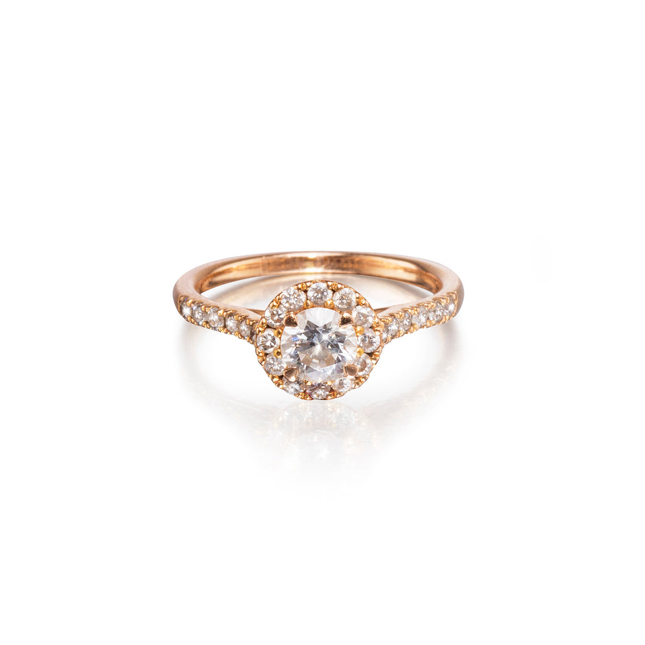 18ct rose gold diamond halo ring, available in South Africa