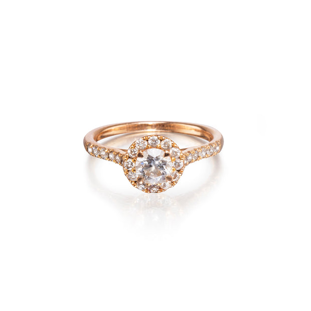 18ct rose gold diamond halo ring, available in South Africa