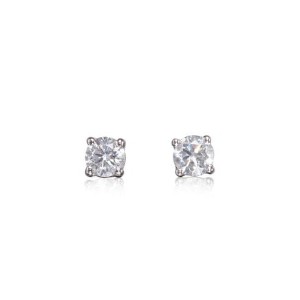 A pair of white gold stud earrings with round brilliant-cut clear gemstones in a four-prong setting, shown on a plain white background with soft reflections below.