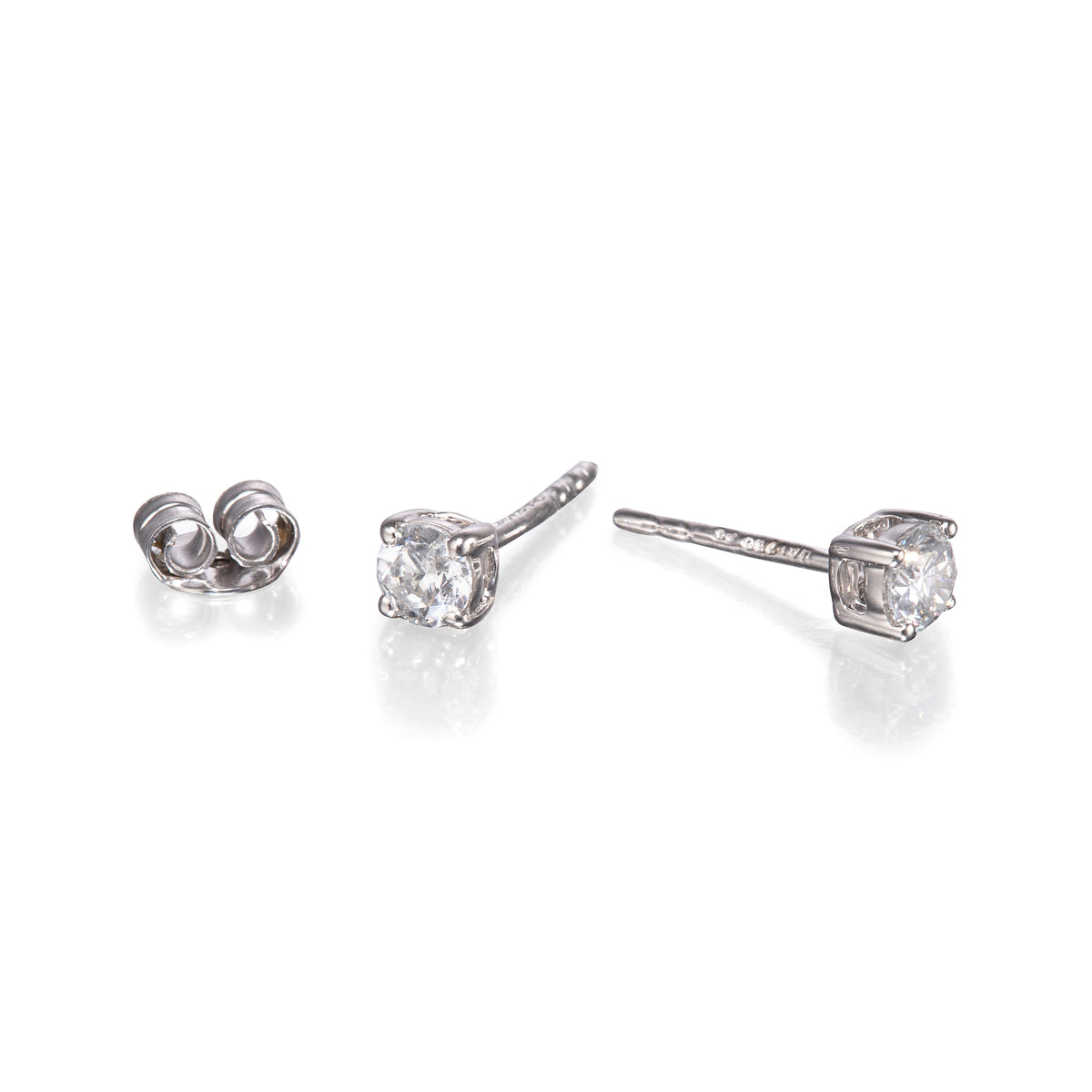 18ct White Gold 4-Claw Diamond Solitaire Stud Earrings with butterfly on white background