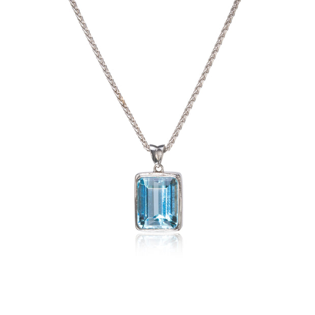 18ct white gold aquamarine pendant on a wheat chain, available in South Africa