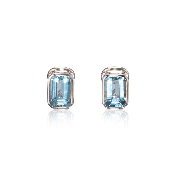 18ct white gold bezel set emerald cut aquamarine stud earrings