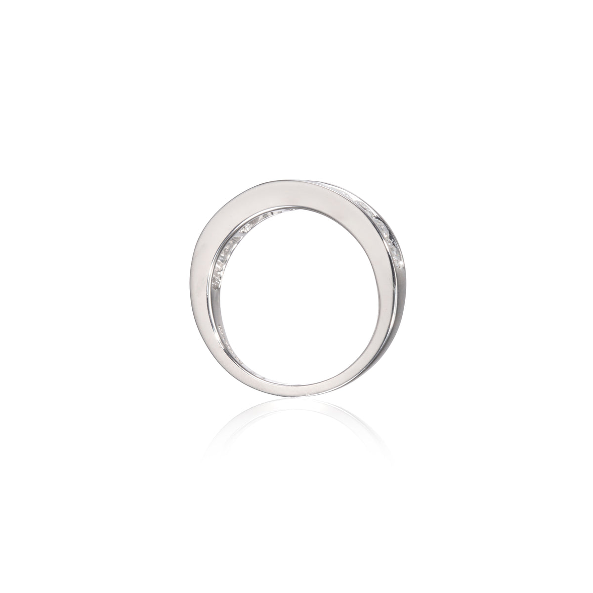 A minimalist white gold band ring with a polished, reflective finish, shown on a clean white background with a subtle reflection below.