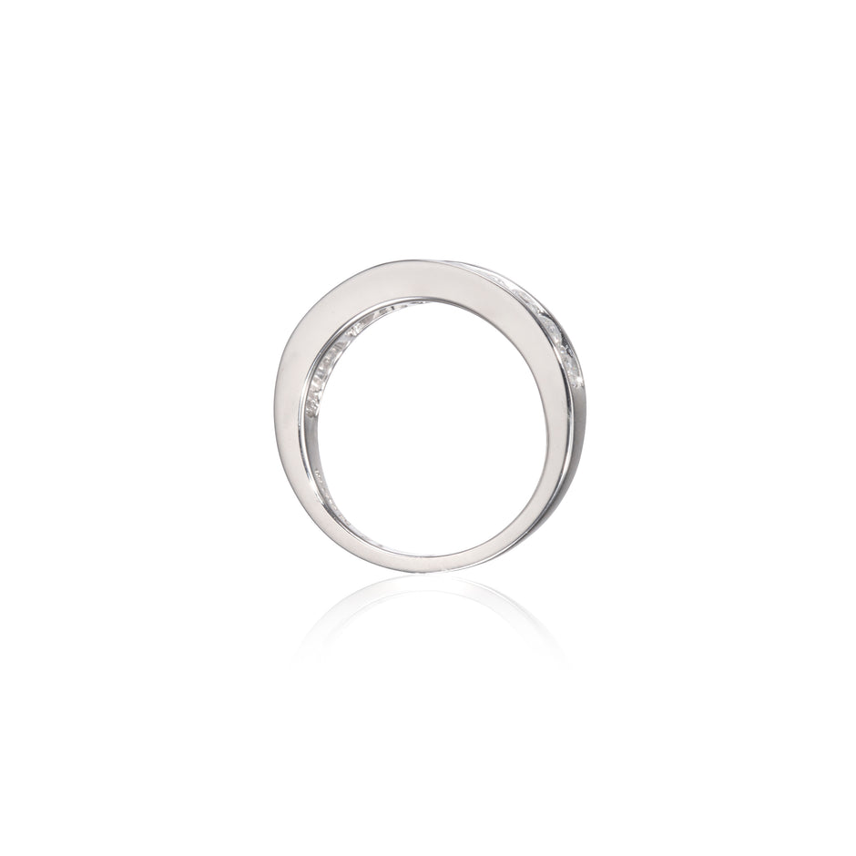 A minimalist white gold band ring with a polished, reflective finish, shown on a clean white background with a subtle reflection below.