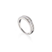 A white gold ring with two parallel inlaid bands, one black and one clear crystal-studded, shown on a white background with a soft reflection below.
