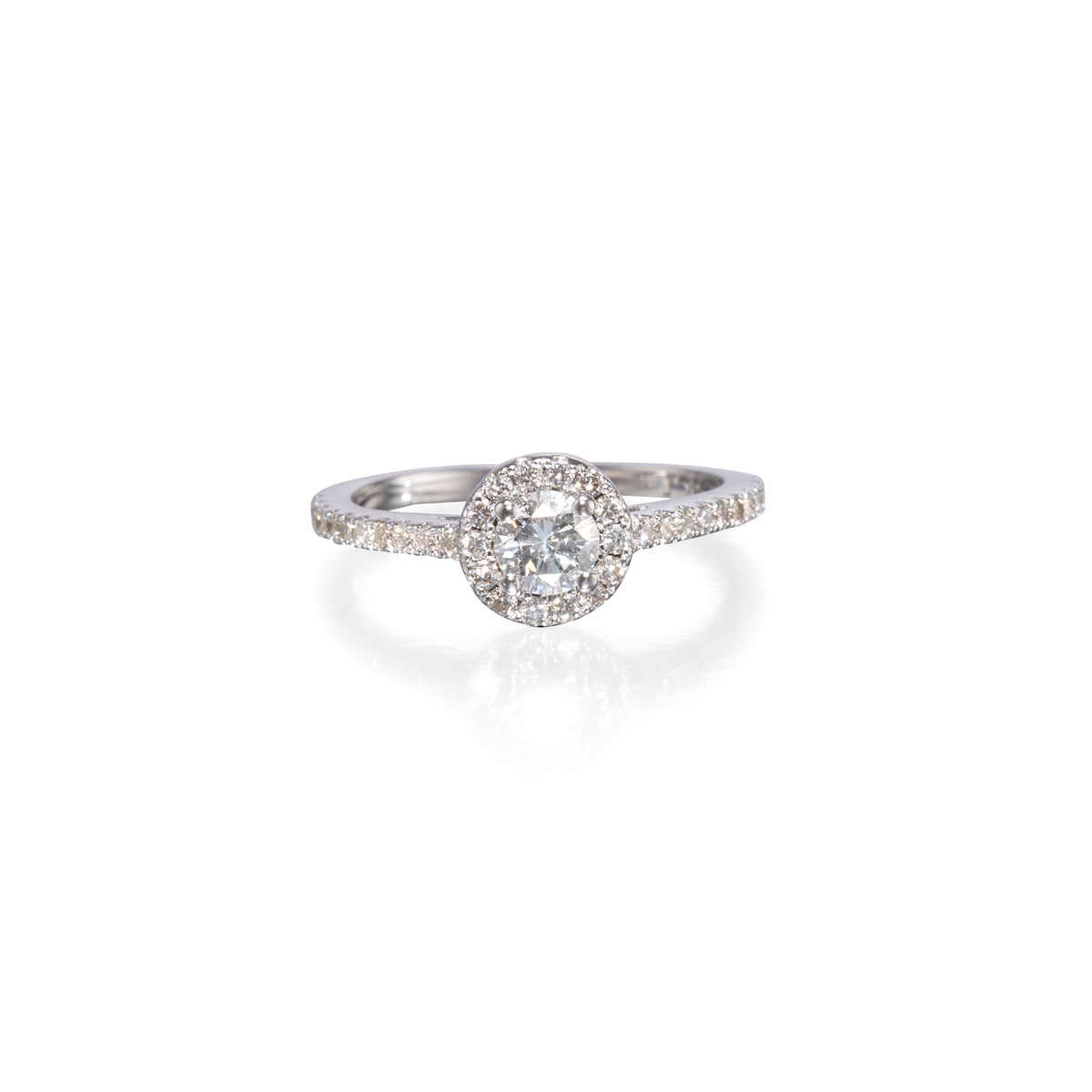 18ct White Gold Diamond Halo Ring on white background