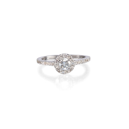 18ct White Gold Diamond Halo Ring on white background