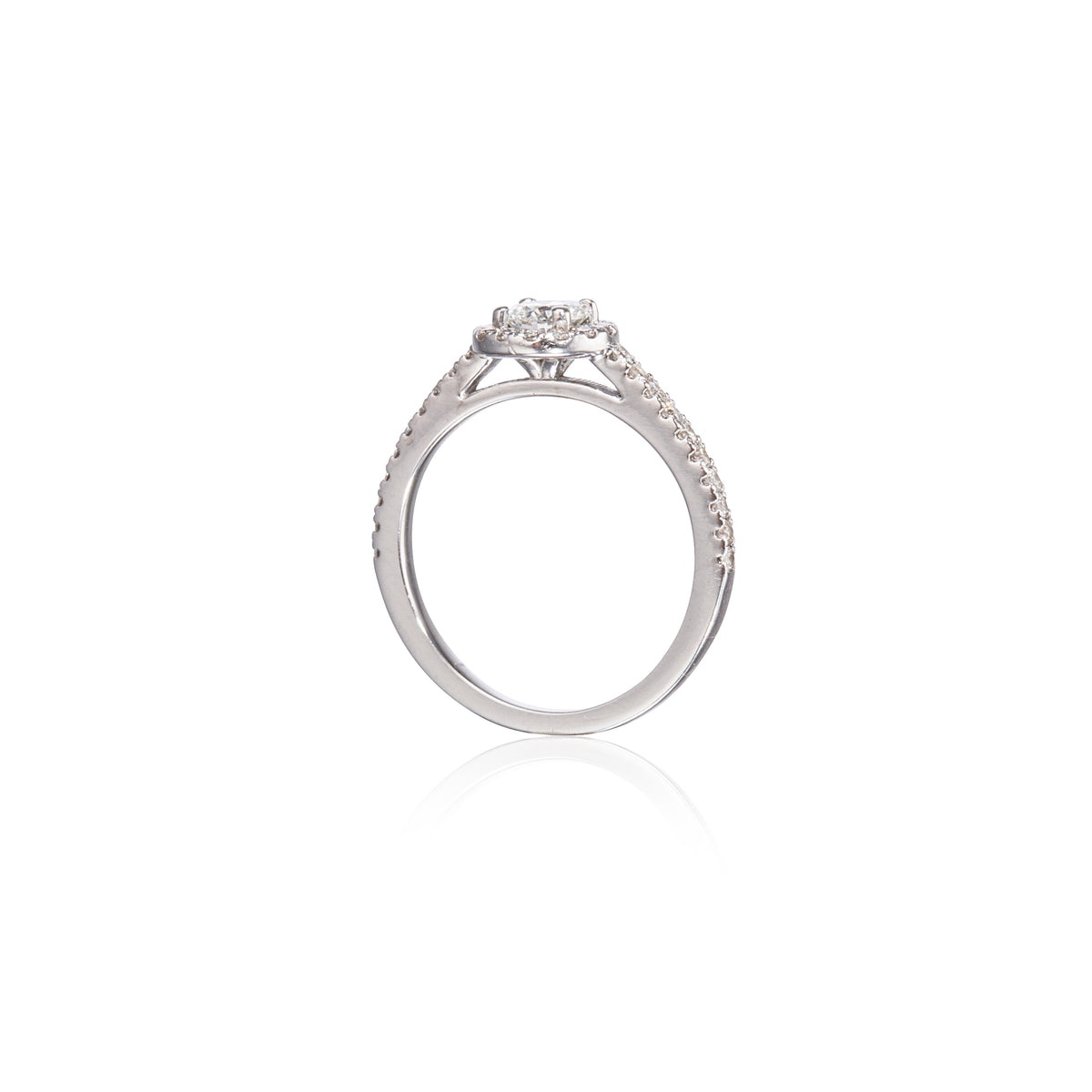 18ct White Gold Diamond Halo Ring side view on white background