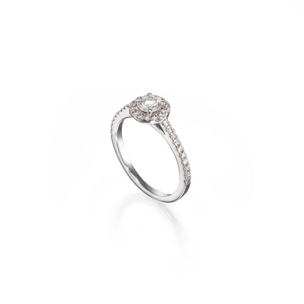 18ct White Gold Diamond Halo Ring top view on white background