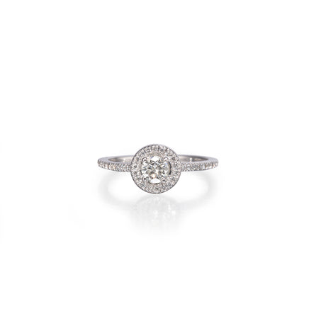 A white gold diamond ring with a round-cut center stone surrounded by a halo of smaller diamonds, set on a slim pavé band, shown on a white background with a soft reflection.