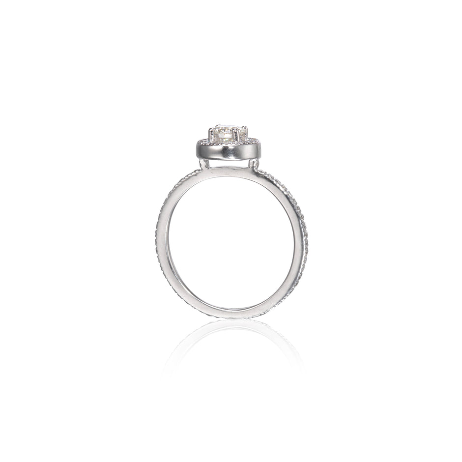 18ct White Gold Diamond Halo Ring side on white background