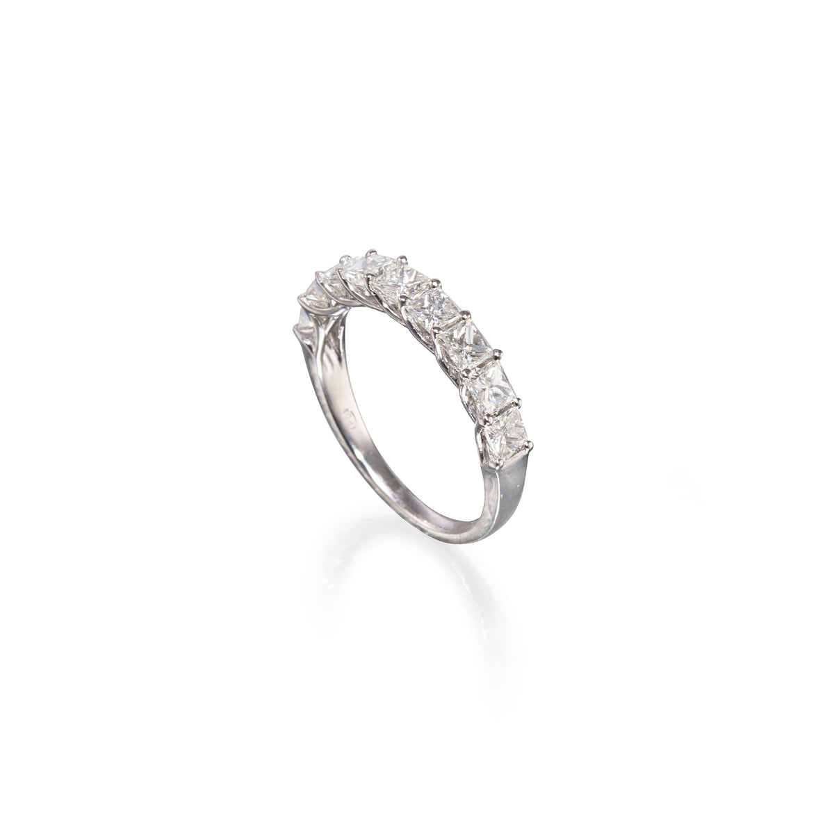 18ct White Gold Half Eternity Princess Cut Diamond Ring top view on white background