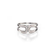 A white gold double horseshoe ring set with small clear stones, shown on a clean white background with a soft reflection below.