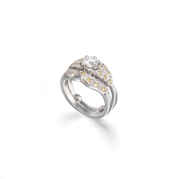 White Gold ring with embedded diamonds on a white background