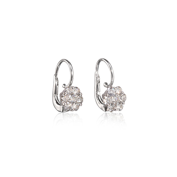 A pair of white gold leverback earrings with round cluster pavé gemstones, shown on a clean white background with a soft reflection below.