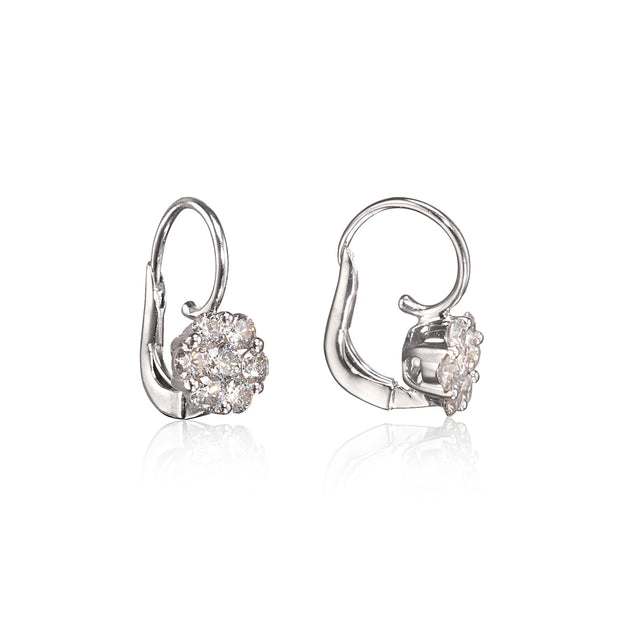 A pair of white gold leverback earrings with a round cluster of clear cubic zirconia stones, shown from the front and side on a white background with a soft reflection.