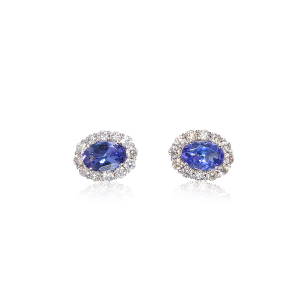 18ct white gold oval cut tanzanite and diamond halo earrings