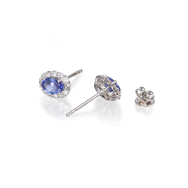 18ct White Gold Oval Cut Tanzanite and Diamond Halo Earrings side view
