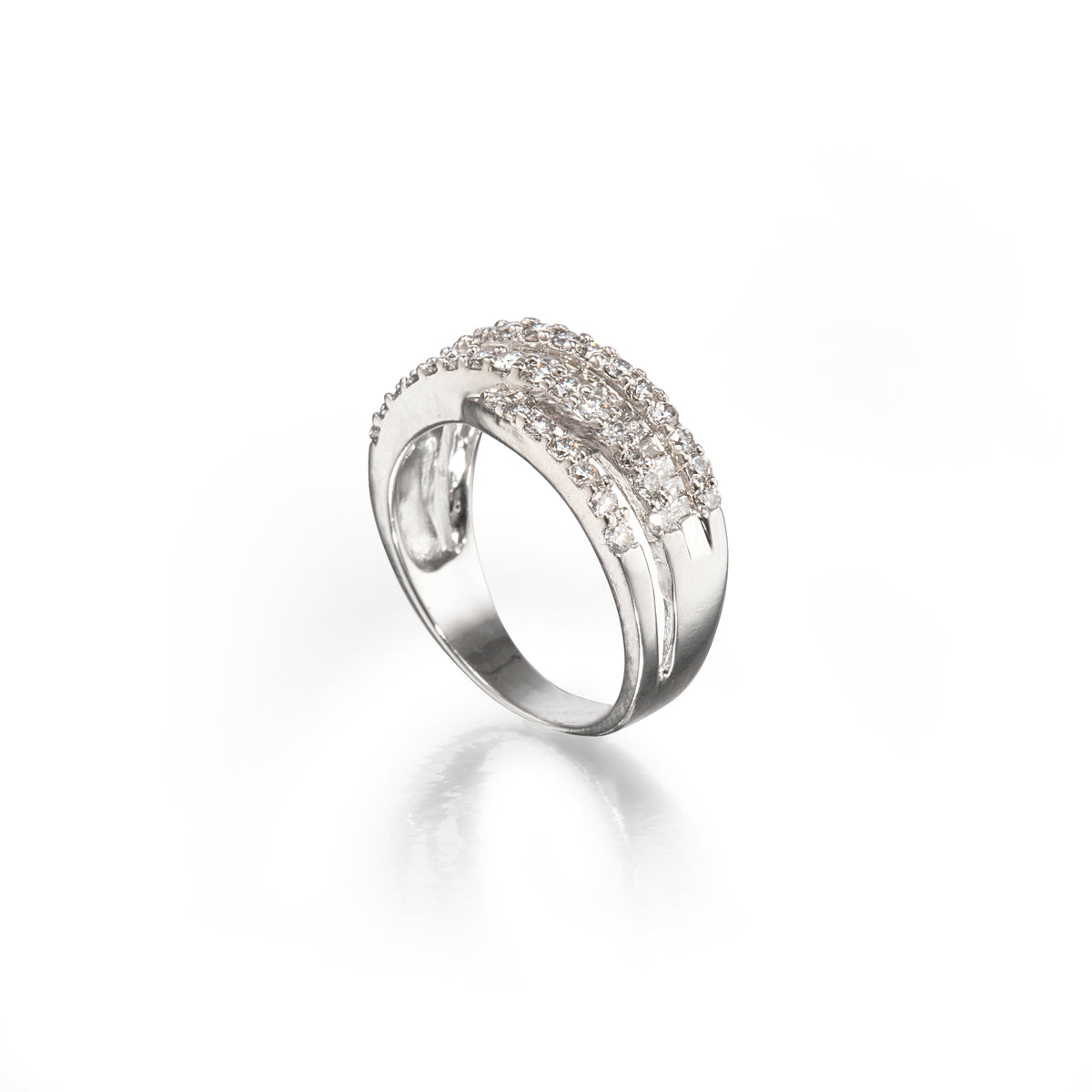 A white gold ring featuring a curved, double-row pavé setting of clear stones, shown on a clean white background with a soft reflection below.
