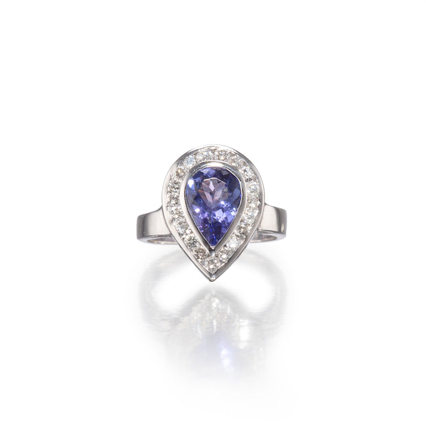 18ct white gold pear cut tanzanite and diamond halo ring