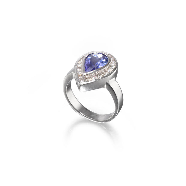 18ct White Gold Pear Cut Tanzanite and Diamond Halo Ring top view