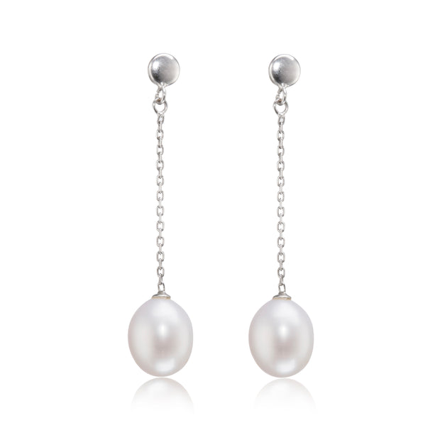 18ct white gold oval pearl drop earrings on chain
