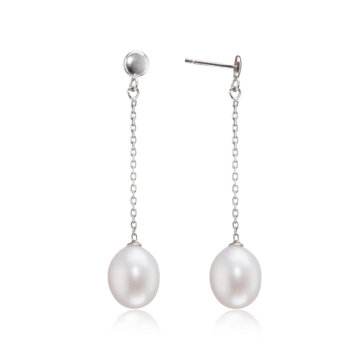 Pearl earrings with silver chains on a white background