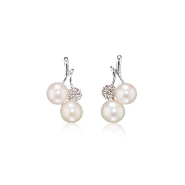 18ct White Gold Pearl and Diamond Cluster Earrings