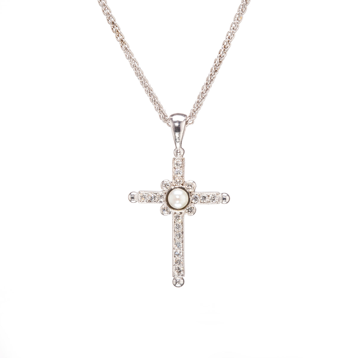 18ct white gold diamond cross pendant with seed pearl and rope chain