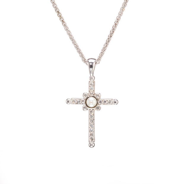 18ct white gold diamond cross pendant with seed pearl and rope chain