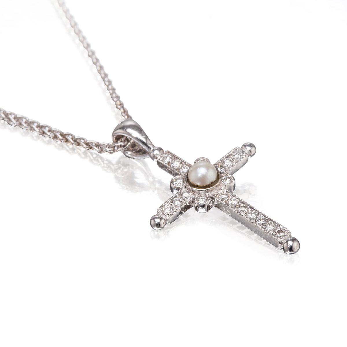 18ct White Gold Seed Pearl and Diamond Cross Pendant with a 18ct White Gold Chain flat view