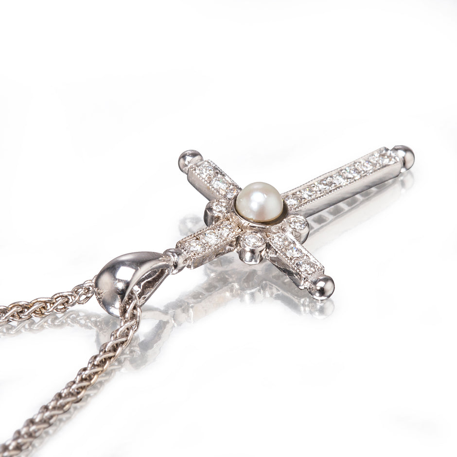 18ct White Gold Seed Pearl and Diamond Cross Pendant with a 18ct White Gold Chain top view