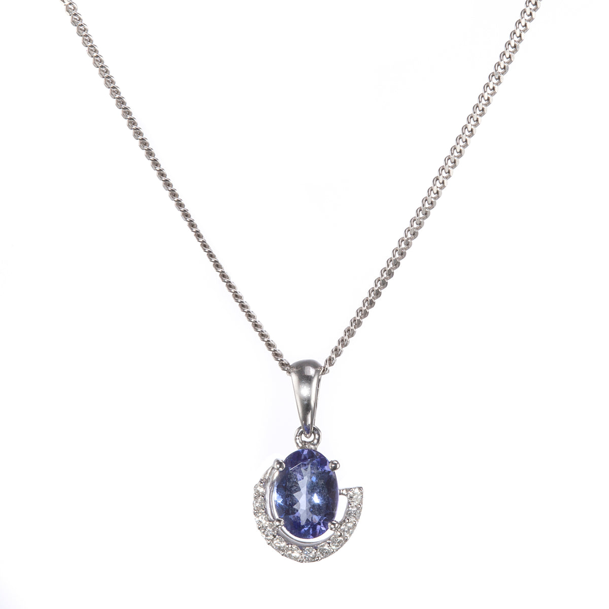 A white gold chain necklace with an oval blue gemstone pendant, surrounded by a crescent-shaped halo of small clear stones, shown on a plain white background.
