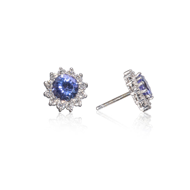 18ct White Gold Tanzanite and Diamond Flower Cluster Earrings front back