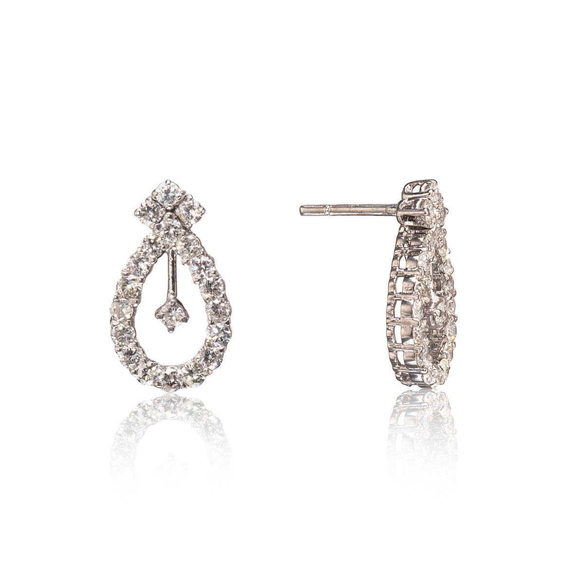 A pair of teardrop-shaped drop earrings paved with clear stones, shown from the front and side on a white background with a soft reflection.