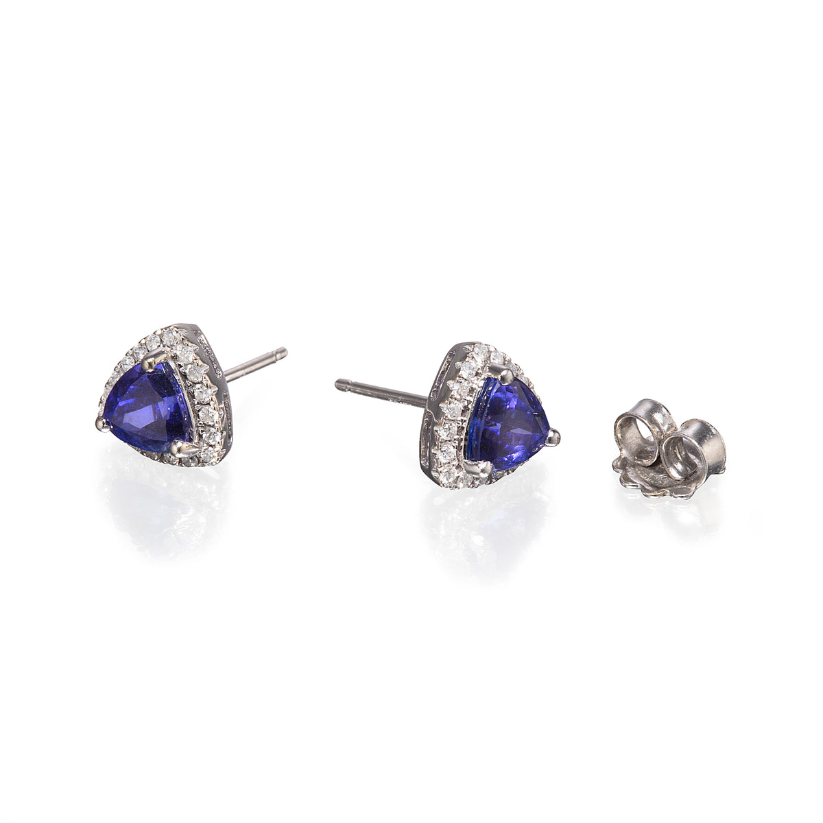 18ct White Gold Trillion Cut Tanzanite and Diamond Earrings with butterfly on white background