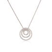 A white gold necklace featuring a multi-ring concentric spiral pendant paved with small clear stones, displayed on a clean white background with a soft reflection.