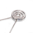 A white gold spiral pendant necklace paved with clear stones, shown on a clean white background.