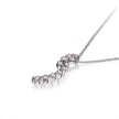 A white gold necklace with a curved, step-like pendant set with small clear gemstones, photographed on a clean white background with a soft reflection.