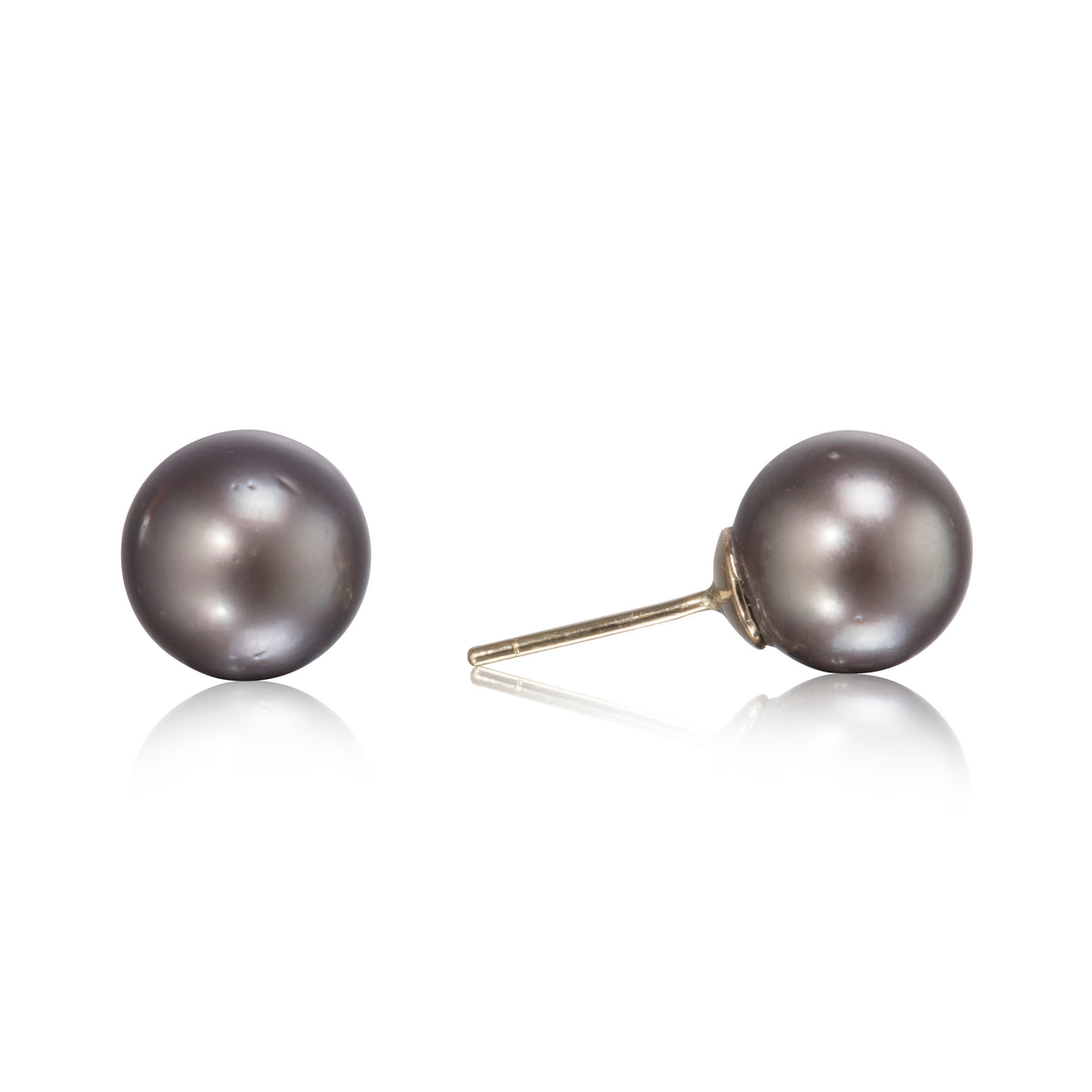 A pair of round dark gray freshwater pearl stud earrings with gold posts, shown on a clean white background with a soft reflection.