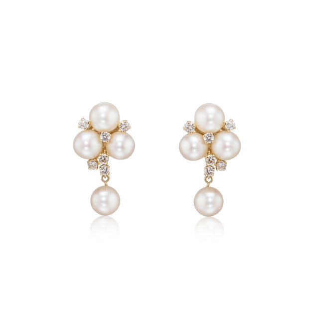 Pair of pearl earrings with gold accents on a white background