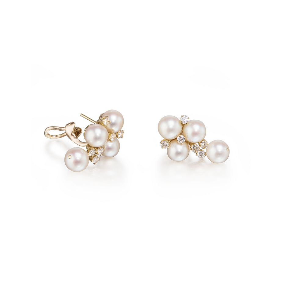 18ct and 9ct Yellow Gold Pearl and Diamond Cluster Dangle Earrings on white background