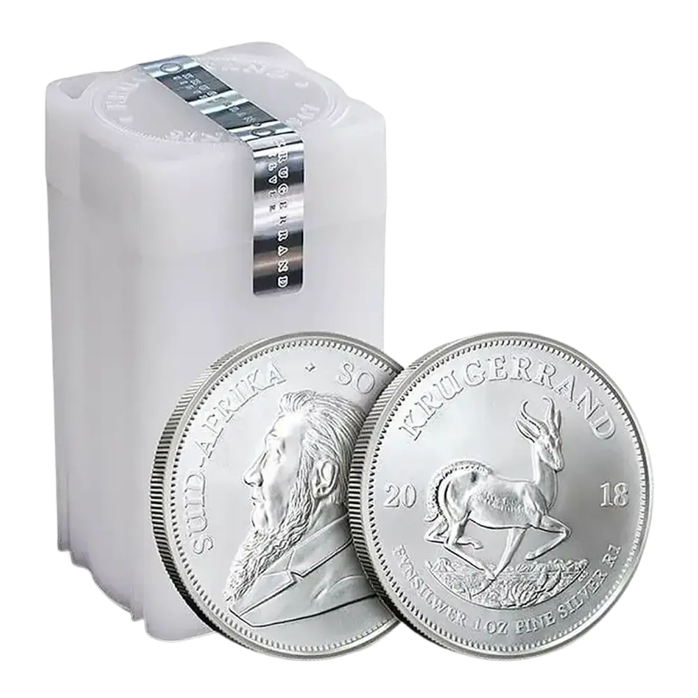 1 oz Silver Krugerrand Monster Box - 500 Coins (Mixed Years) Two silver Krugerrand coins with a white box on a white background