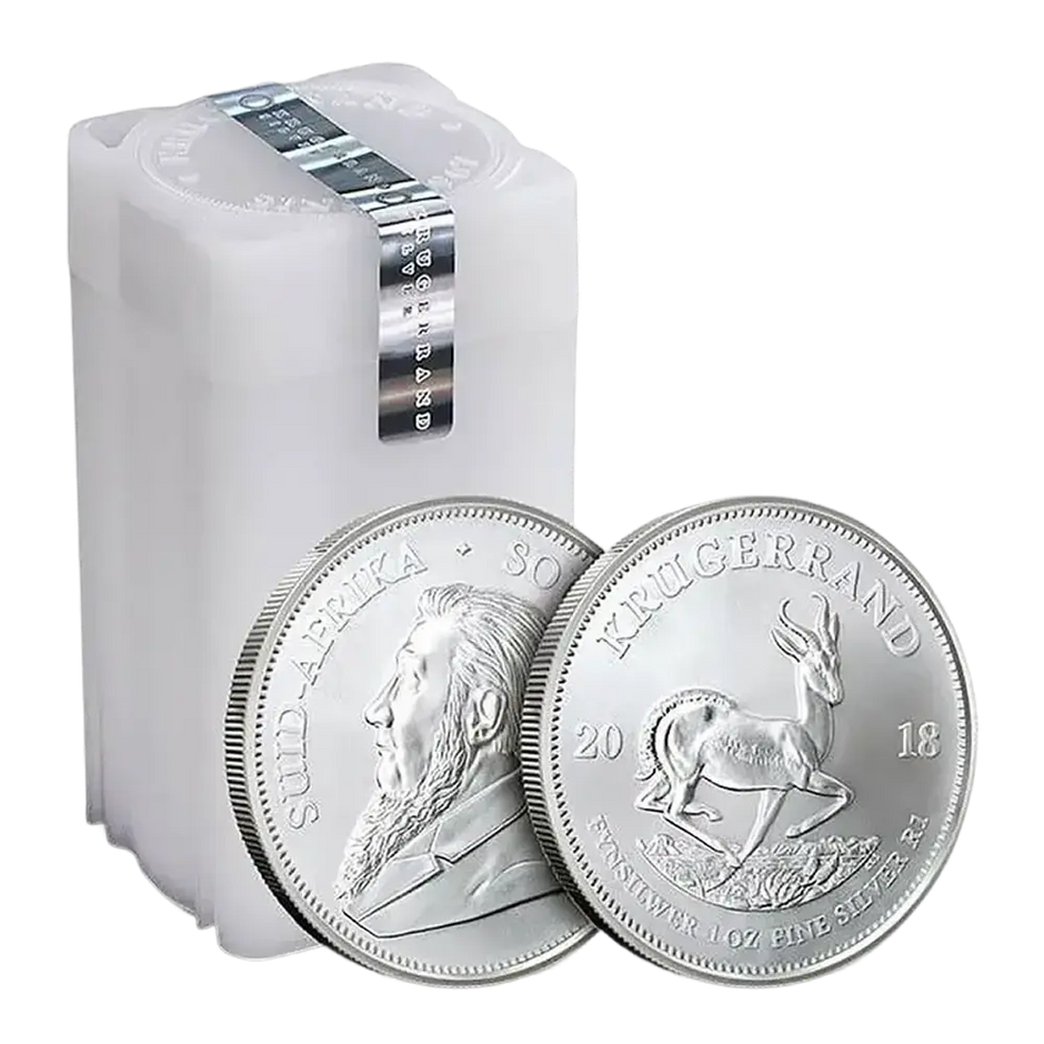 1 oz Silver Krugerrand Monster Box - 500 Coins (Mixed Years) Two silver Krugerrand coins with a white box on a white background