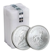 1 oz Silver Krugerrand Monster Box - 500 Coins (Mixed Years) Two silver Krugerrand coins with a white box on a white background
